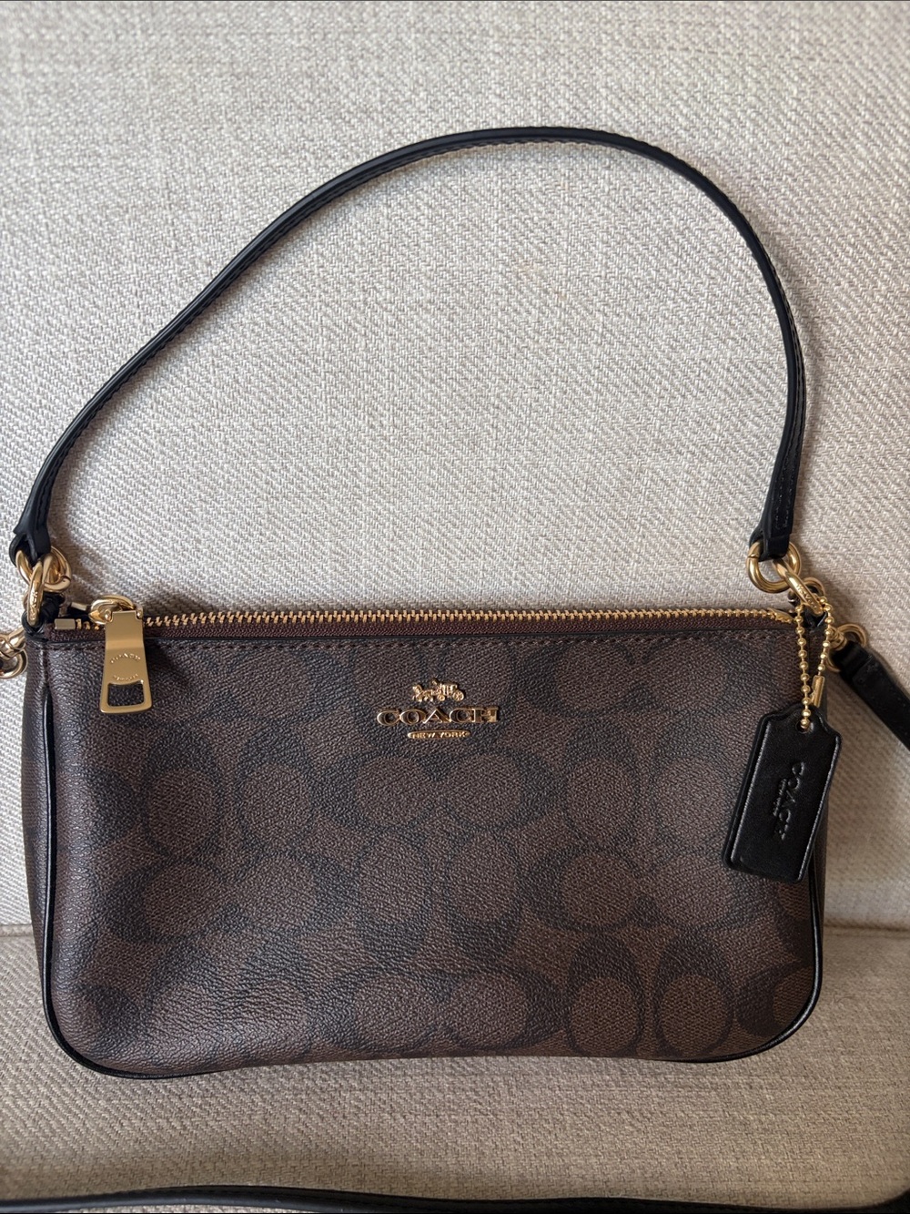 Coach Messico Dark Brown Top Handle Pouch in Signature Monogram Leather